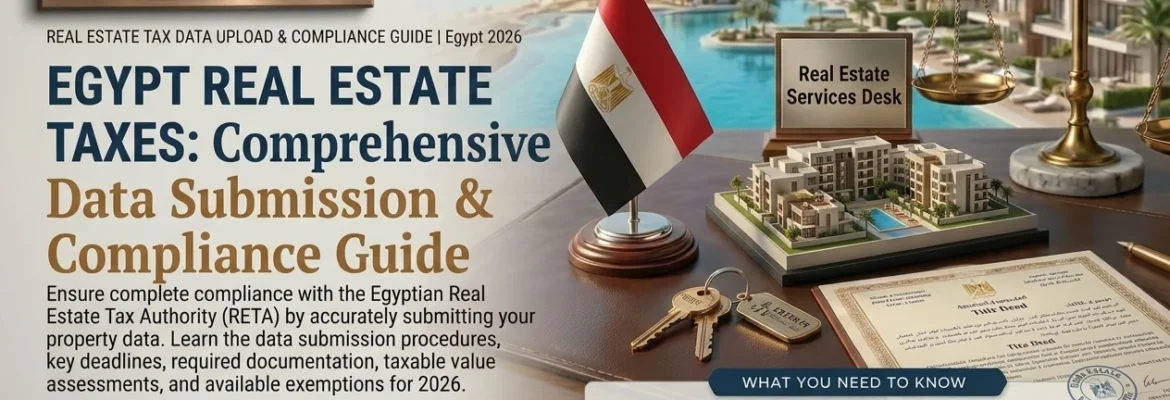 Egypt real estate taxes guide 2026 by Experts Gamal: Egyptian flag, property model, title deed, and scales of justice on a Real Estate Services Desk in Hurghada