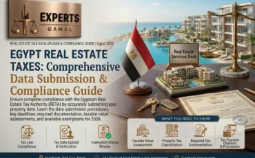 Egypt real estate taxes guide 2026 by Experts Gamal: Egyptian flag, property model, title deed, and scales of justice on a Real Estate Services Desk in Hurghada