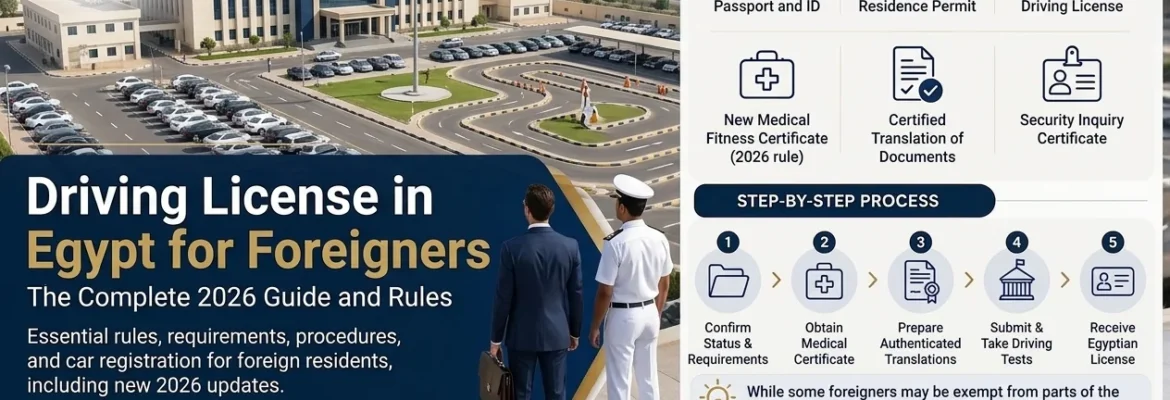 Infographic guide to obtaining a driving license in Egypt for foreigners 2026 - required documents and step-by-step legal process by Experts Gamal Law Firm