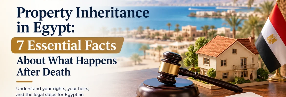Property Inheritance in Egypt – 7 Essential Facts by Gamal Experts, featuring a gavel, miniature house, and Egyptian flag on a desk with inheritance documents.