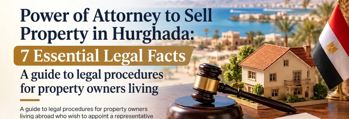 Featured blog image for Experts Attorneys At Law showing Power of Attorney to Sell Property in Hurghada infographic with legal facts, Egyptian flag, model house, and legal gavel.