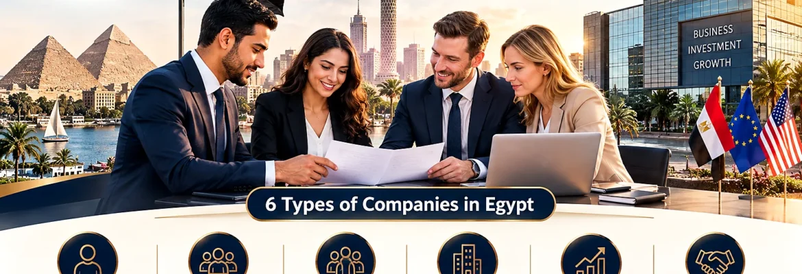 Infographic titled "Types of Companies in Egypt: 6 Legal Forms and How Many People You Need", showing four business professionals reviewing documents, with the Egyptian flag and Cairo landmarks behind them.